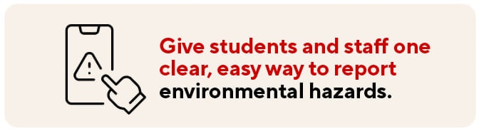 Hazard-reporting sign with a QR code for students and staff.